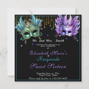 Masquerade Carnival Pink Turquoise Sweet Sixteen  Invitation