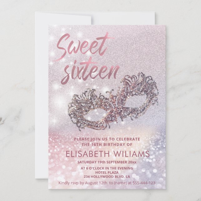 Masquerade charming sparkling glittery ombre  invitation (Front)