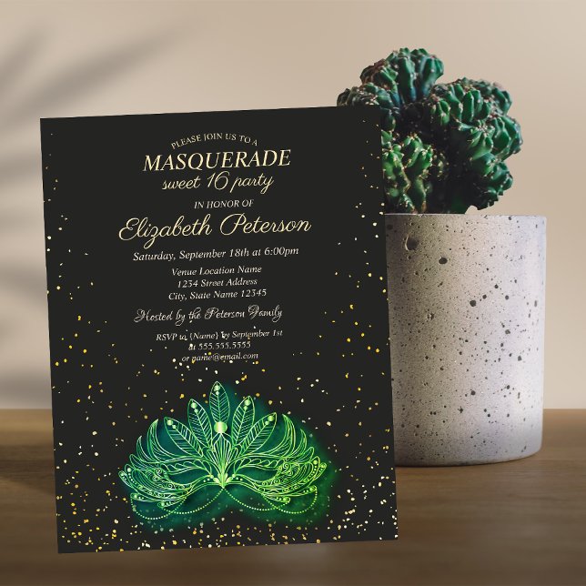 Masquerade,Confetti Green Masque Sweet 16  Invitation Postcard (Creator Uploaded)