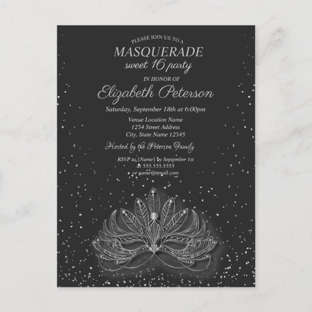 Masquerade,Confetti Masque Grey Sweet 16 Invitation Postcard (Front)