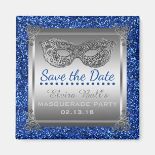Masquerade Costume Party Blue Silver Save the Date Magnet