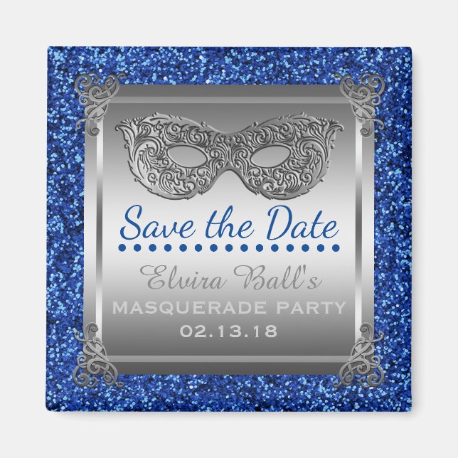 Masquerade Costume Party Blue Silver Save the Date Magnet (Front)