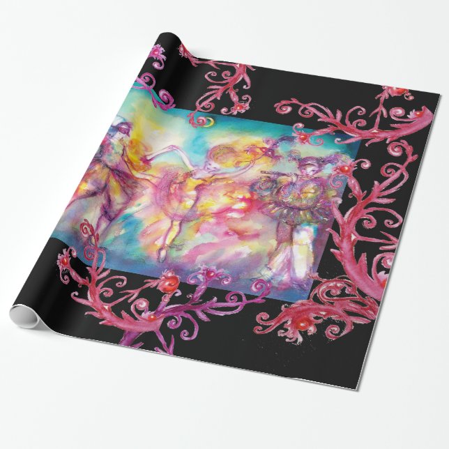 MASQUERADE DANCERS ,RED PURPLE  FLORAL SWIRLS WRAPPING PAPER (Unrolled)