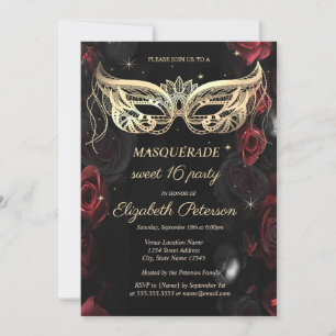 Masquerade Dark Red Roses Gothic Sweet 16 Invitation