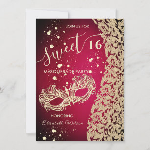 Masquerade diamond damask red sweet 16  invitation