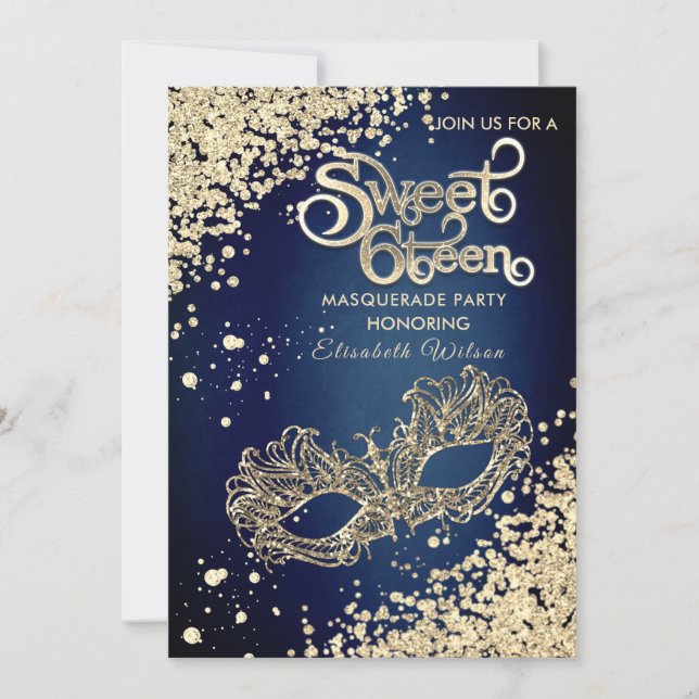  Masquerade diamond luxury  gold sweet 16  Invitation (Front)