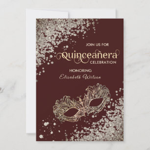 Masquerade diamond luxury Quinceañera burgundy Invitation