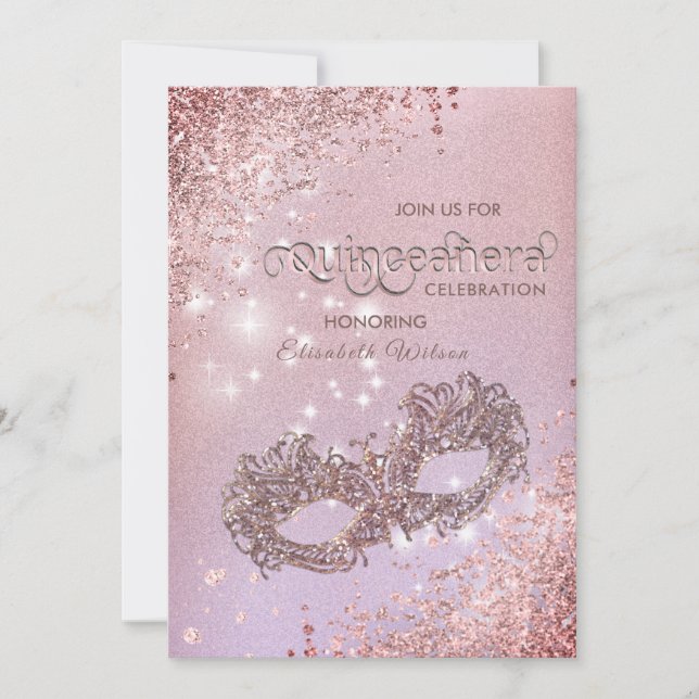  Masquerade diamond luxury Quinceañera rose gold   Invitation (Front)