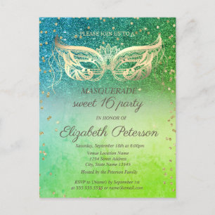 Masquerade  Diamonds Green Glitter Sweet 16  Invitation Postcard