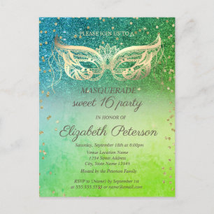 Masquerade  Diamonds Green Glitter Sweet 16  Invitation Postcard