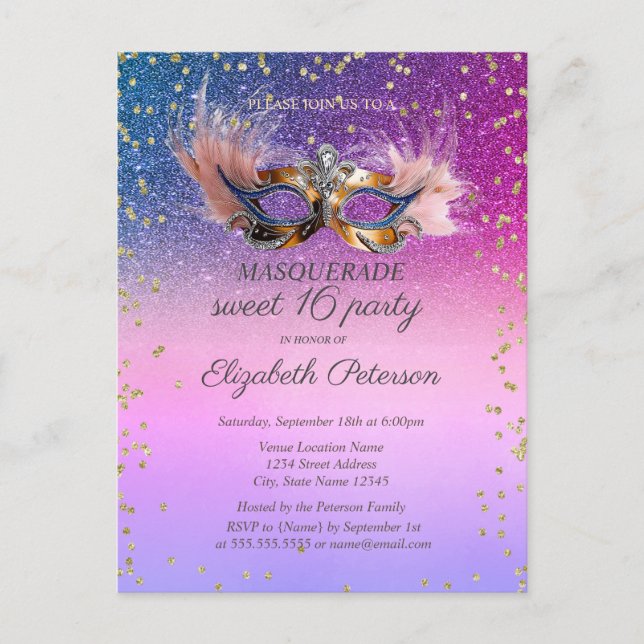 Masquerade  Diamonds Purple Glitter Sweet 16  Invitation Postcard (Front)