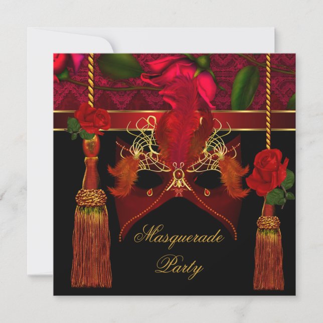 Masquerade Elegant Black Red Rose Gold  Party Invitation (Front)