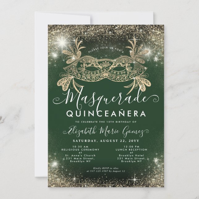 Masquerade Emerald Green Gold Glitter Quinceanera Invitation (Front)