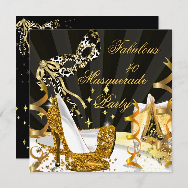 Masquerade Fabulous 40 Woman's Gold High Heel Invitation (Front/Back)