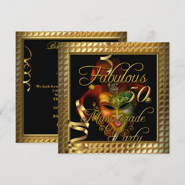 Masquerade Fabulous 50 Gold Black Birthday Party Invitation (Front/Back)