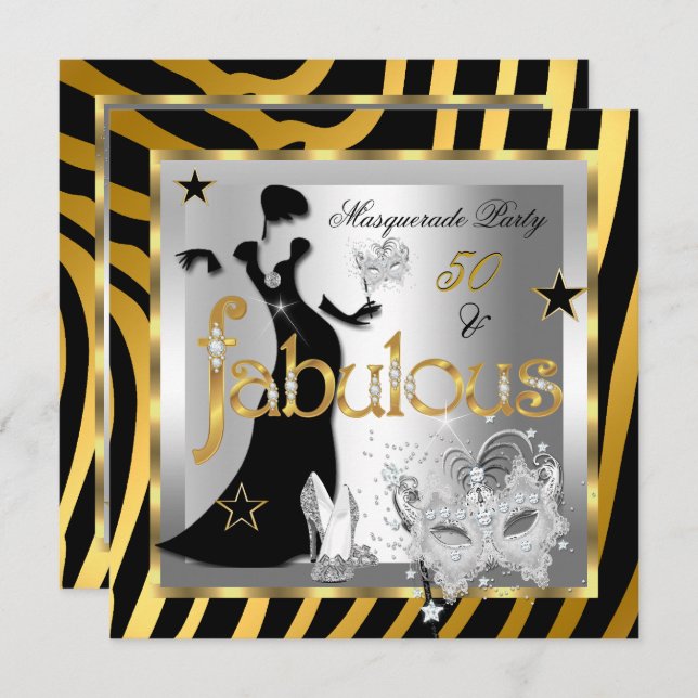 Masquerade Fabulous 50 Zebra Gold Silver Black 2 Invitation (Front/Back)