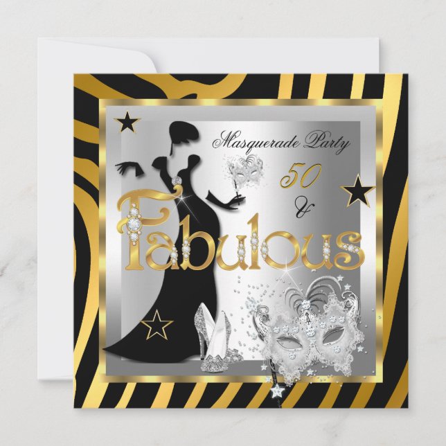 Masquerade Fabulous 50 Zebra Gold Silver Black Invitation (Front)