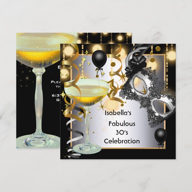Masquerade Fabulous Silver Mask Gold Lights Party Invitation (Front/Back)