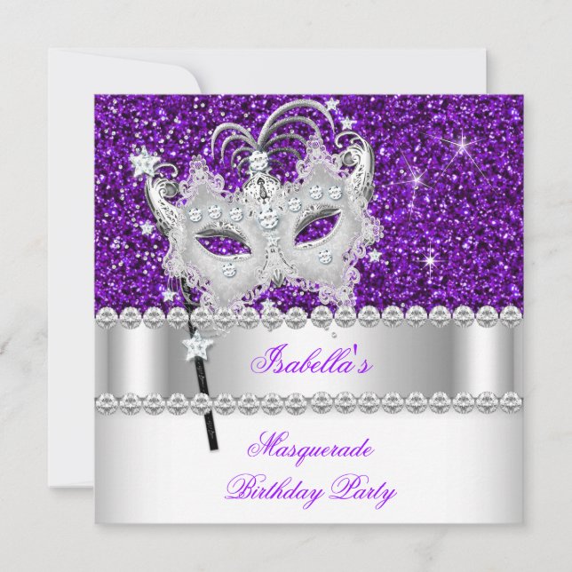 Masquerade Glitter Purple Diamond Mask Birthday Invitation (Front)