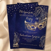 Masquerade glitter quinceanera mask invite navy