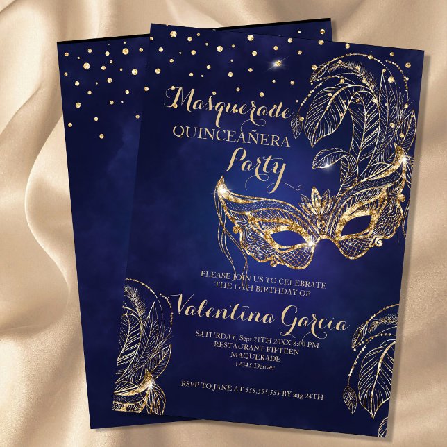 Masquerade glitter quinceanera mask invite navy (Creator Uploaded)