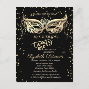 Masquerade Gold Diamonds 21st Birthday Party Invitation Postcard
