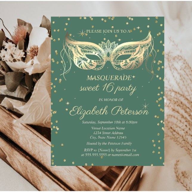 Masquerade Gold Diamonds Green Sweet 16 Invitation Postcard (Creator Uploaded)
