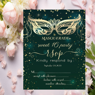 Masquerade Gold Diamonds Green Sweet 16 RSVP  Invitation
