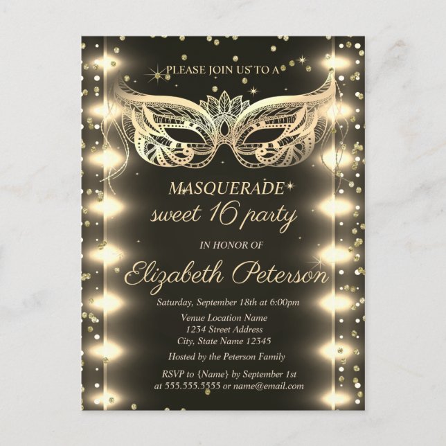 Masquerade Gold Diamonds Lights Sweet 16  Invitation Postcard (Front)