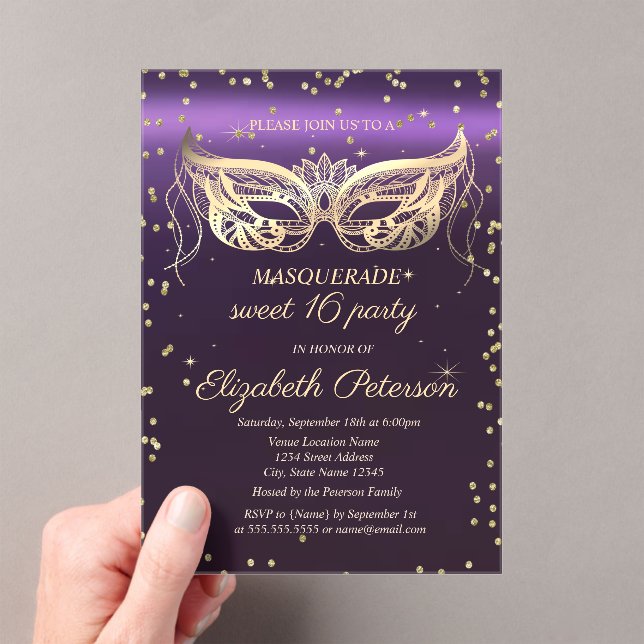 Masquerade Gold Diamonds Purple Sweet 16  Acrylic Invitations (Insitu (Handheld))