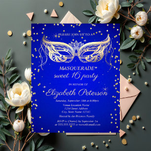Masquerade Gold Diamonds Royal Blue Sweet 16  Invitation Postcard