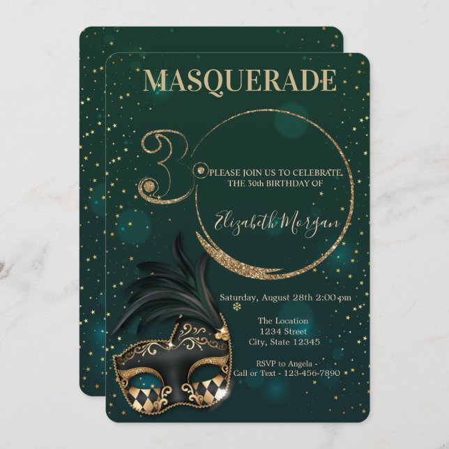 Masquerade Gold Glitter Green 30th Birthday   Invitation (Front/Back)