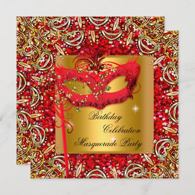 Masquerade Gold Mask Glitter Red Birthday Party 2 Invitation (Front/Back)