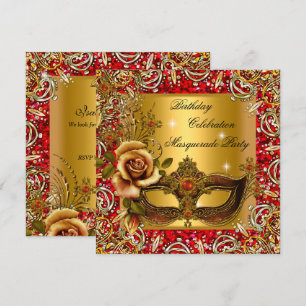 Masquerade Gold Mask Glitter Red Birthday Party Invitation
