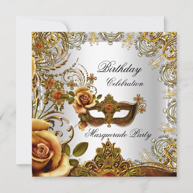 Masquerade Gold Mask Silver Birthday Party Invitation (Front)