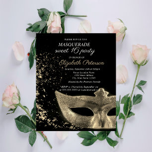 Masquerade Gold Masque Black Sweet 16 Invitation Postcard