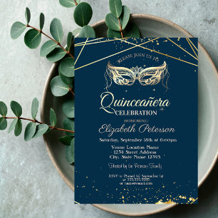Masquerade,Gold, Navy Blue Quinceañera Invitation