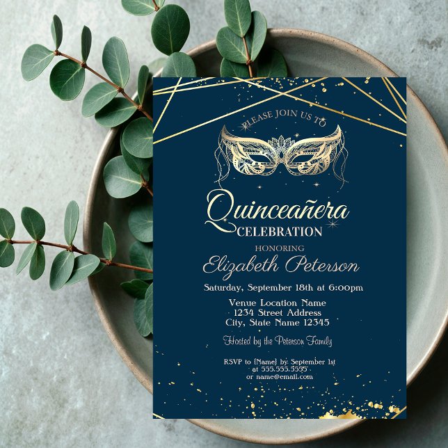 Masquerade,Gold, Navy Blue Quinceañera Invitation (Creator Uploaded)