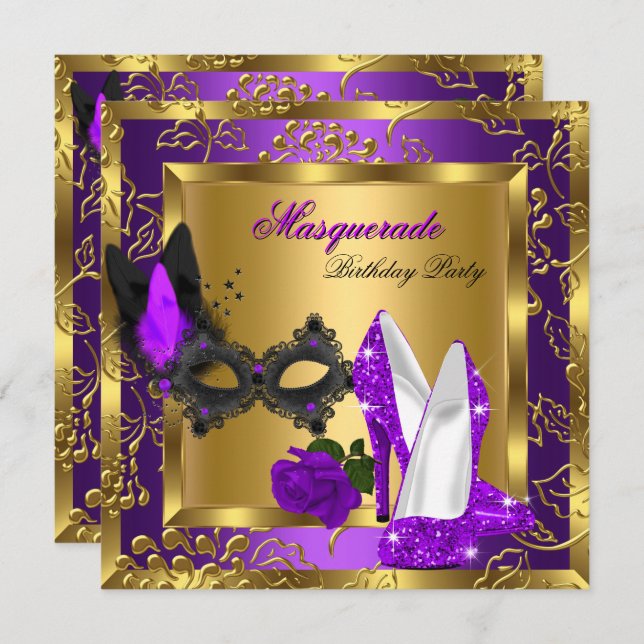 Masquerade Gold Purple Black Glitter High Heels Invitation (Front/Back)