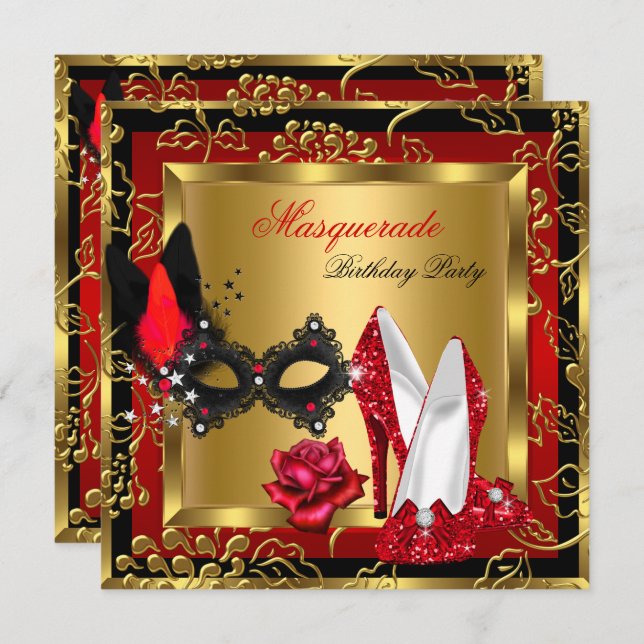 Masquerade Gold Red Black Glitter High Heels Mask Invitation (Front/Back)