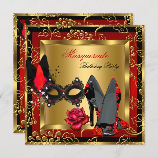 Masquerade Gold Red Black High Heels Mask Rose Invitation (Front/Back)