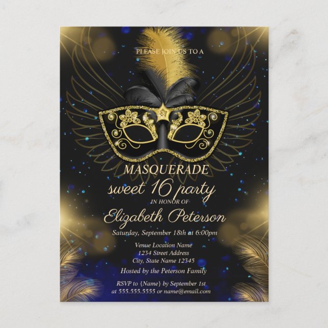 Masquerade Gold Shiny Sweet 16 Invitation Postcard (Front)