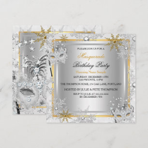 Masquerade Gold Snowflakes Silver Masks Party 2 Invitation