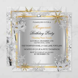 Masquerade Gold Snowflakes Silver Masks Party 2 Invitation