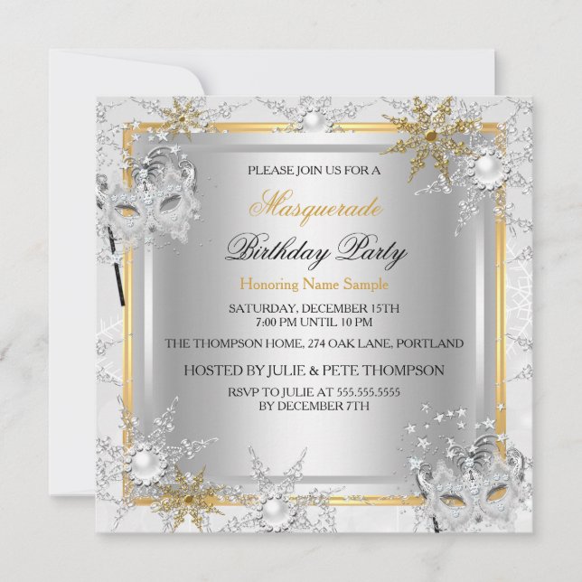 Masquerade Gold Snowflakes Silver Masks Party A Invitation (Front)