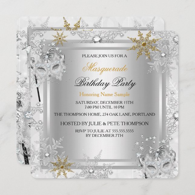 Masquerade Gold Snowflakes Silver Masks Party Invitation (Front/Back)