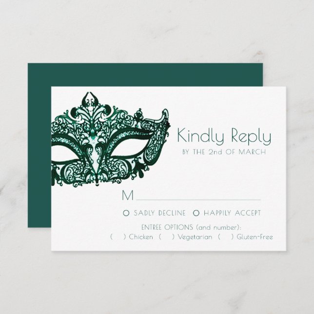 Masquerade Green Mask | Dark Emerald Entree Option RSVP Card (Front/Back)