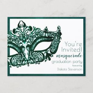 Masquerade Green Mask   Mardi Gras Graduation Invitation Postcard
