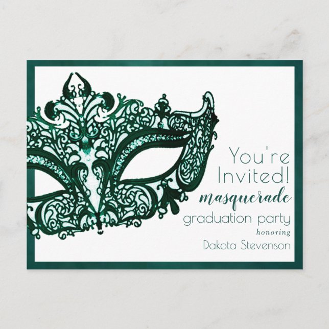 Masquerade Green Mask | Mardi Gras Graduation Invitation Postcard (Front)