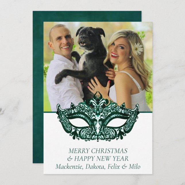 Masquerade Green Mask | Mardi Gras Theme Photo Holiday Card (Front/Back)